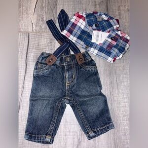 Baby boy plaid shirt blue jeans suspenders holiday family photo set